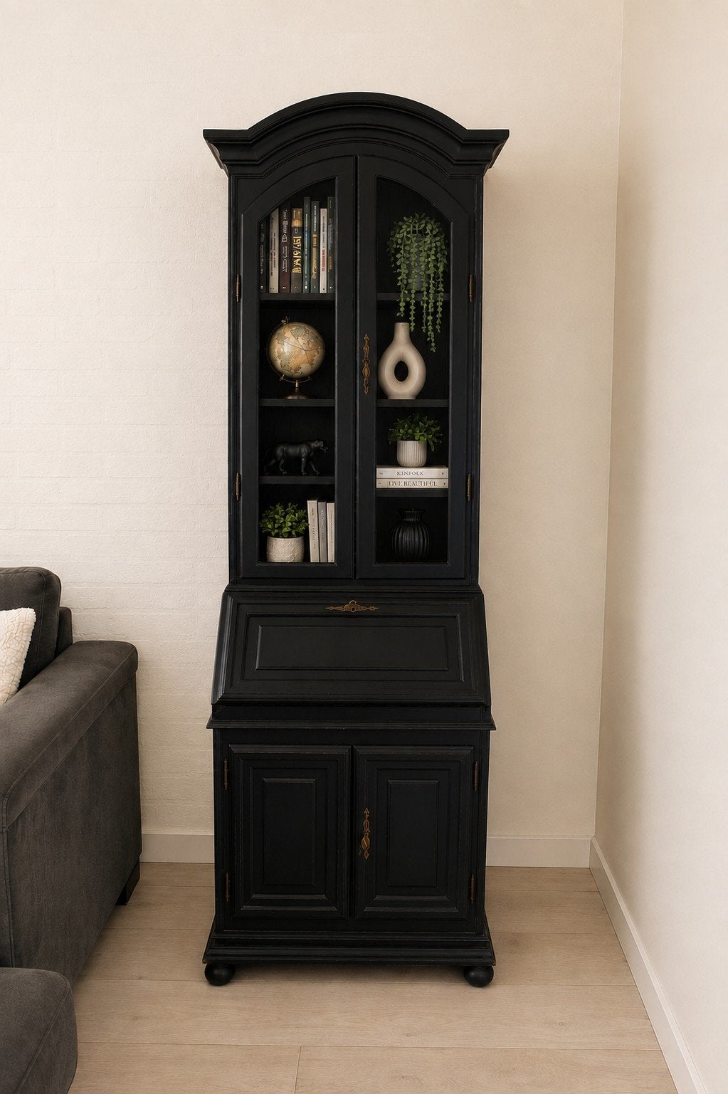 Zwart houten secretaire met vitrinekast, Antiek en Kunst, Ophalen