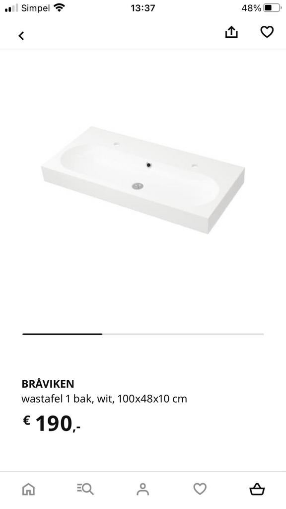 IKEA BRÅVIKEN wastafel 1 bak wit 100x48x10 cm, Ophalen of Verzenden, Zo goed als nieuw, Wastafel