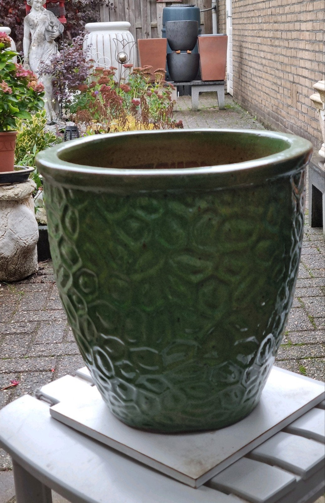 HOGE  plantenbak  38 cm   vorstbestendig terracotta  groen, Ophalen, 40 cm of meer, Rond, Zo goed als nieuw