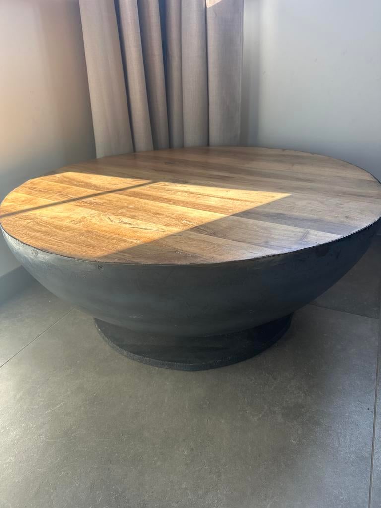 Unieke salon tafel in ei vorm met houten blad, Gebruikt, Rond, Minder dan 50 cm, Overige houtsoorten