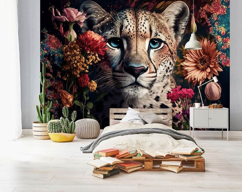 Fotobehang / Behang - Luipaard - Panter en Bloemen, Info@fotobehangkoning.nl, Fotobehang, Overige stijlen, Dieren