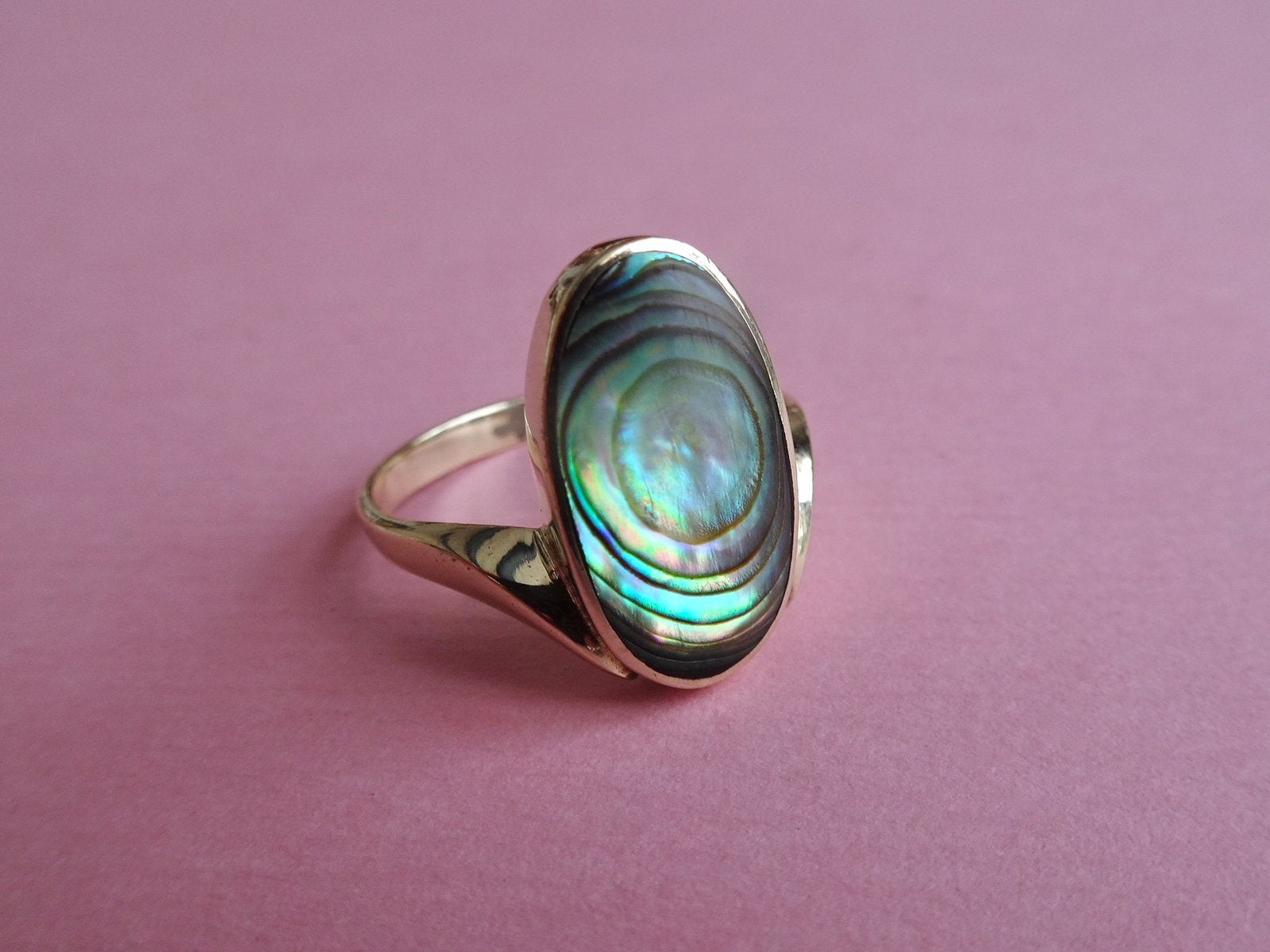 jwg Vintage 70s groen blauw parelmoer abalone ring zilver ?, Verzenden, Ring, Verguld