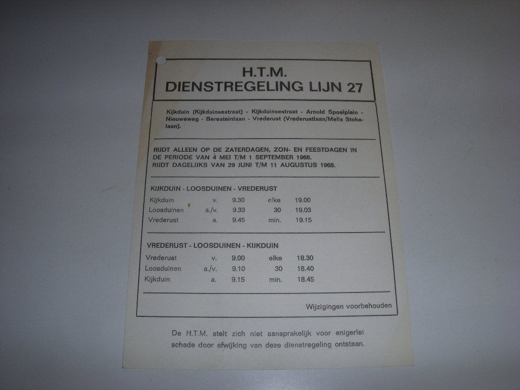 H.T.M Dienstregeling lijn 27 Den Haag 1968, Verzamelen, Spoorwegen en Tramwegen, Ophalen of Verzenden, Gebruikt, Tram, Overige typen