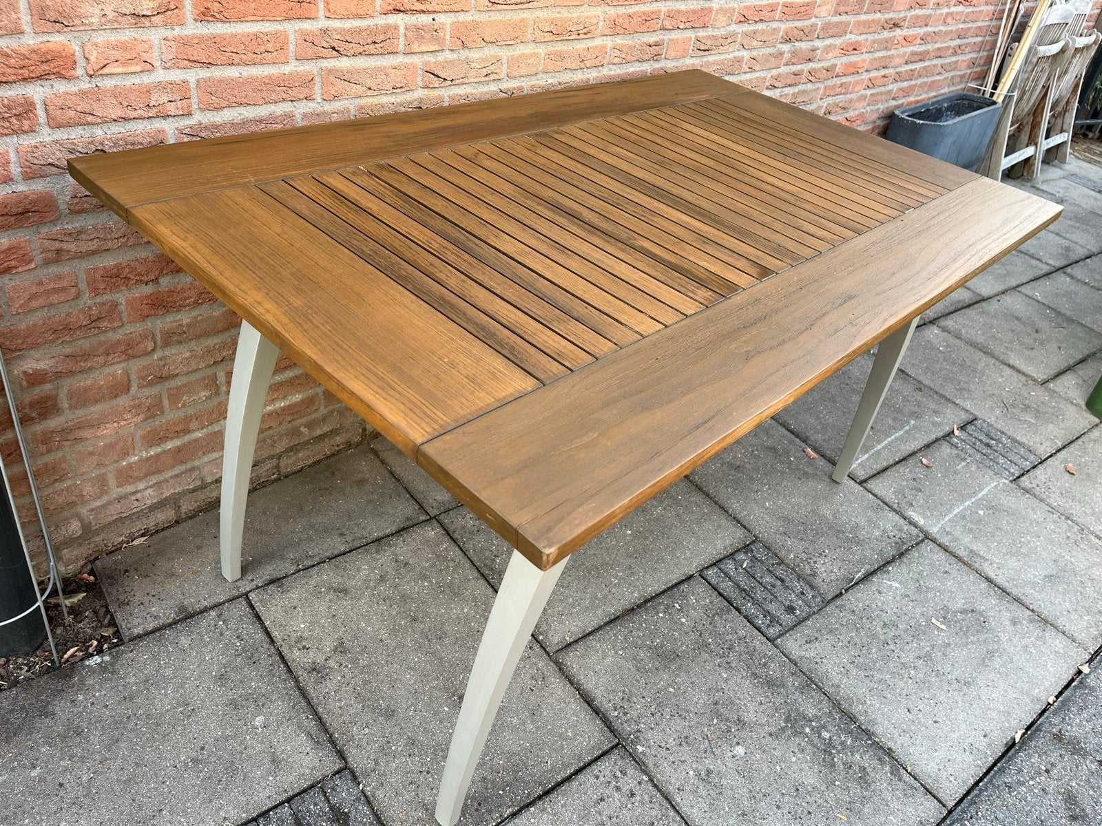 Val-Eur Teakhouten design tuintafel alu onderstel, Tuin en Terras, Ophalen of Verzenden, Gebruikt, Rechthoekig, Teakhout
