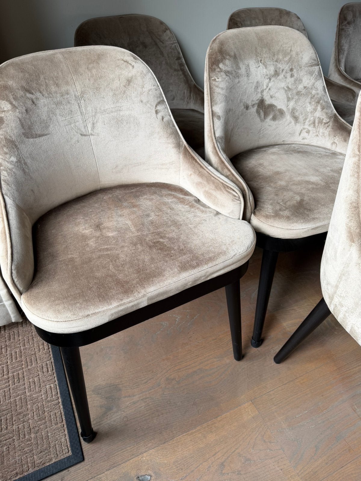 6 in zeer goede staat taupe velours eetkamerstoelen, Huis en Inrichting, Ophalen, Zo goed als nieuw, Minder dan 75 cm, 50 tot 75 cm