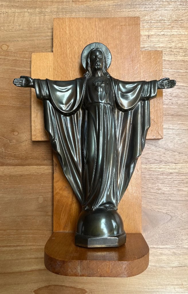HEILIGHART BEELD VAN CHRISTUS-JEZUS (BRONS) 1950/60+SOKKEL , Antiek en Kunst, Ophalen of Verzenden