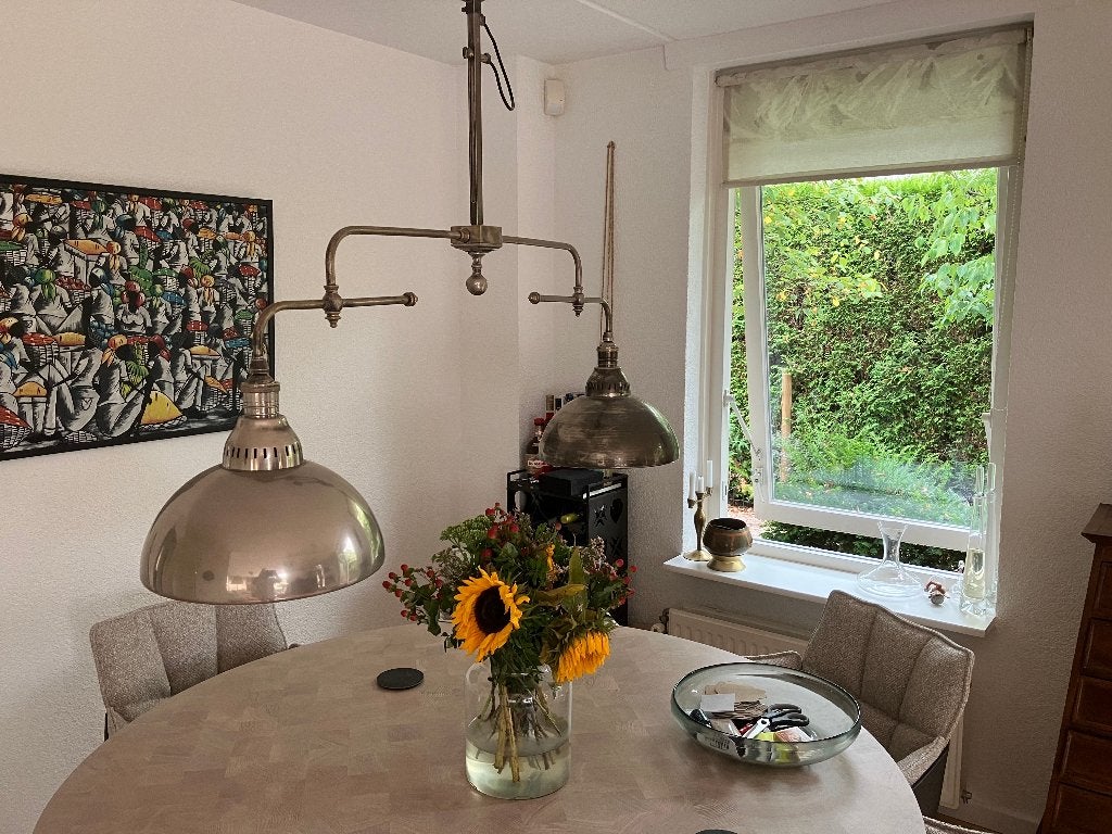 in hoogte verstelbare lamp van verzilverd messing, Huis en Inrichting, Ophalen, Gebruikt, E27 (groot), Metaal