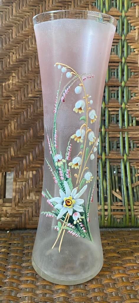 Glazen vaas handbeschilderd met bloemen, Antiek en Kunst, Ophalen of Verzenden