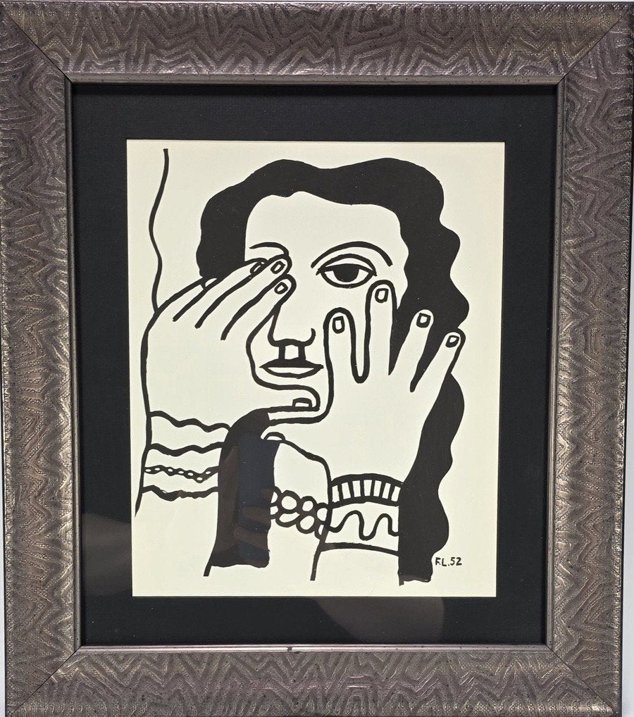693. Litho, Fernand Leger – "Visage aux Mains", Ingelijst, Ophalen, Portret en Figuren, Lithografie