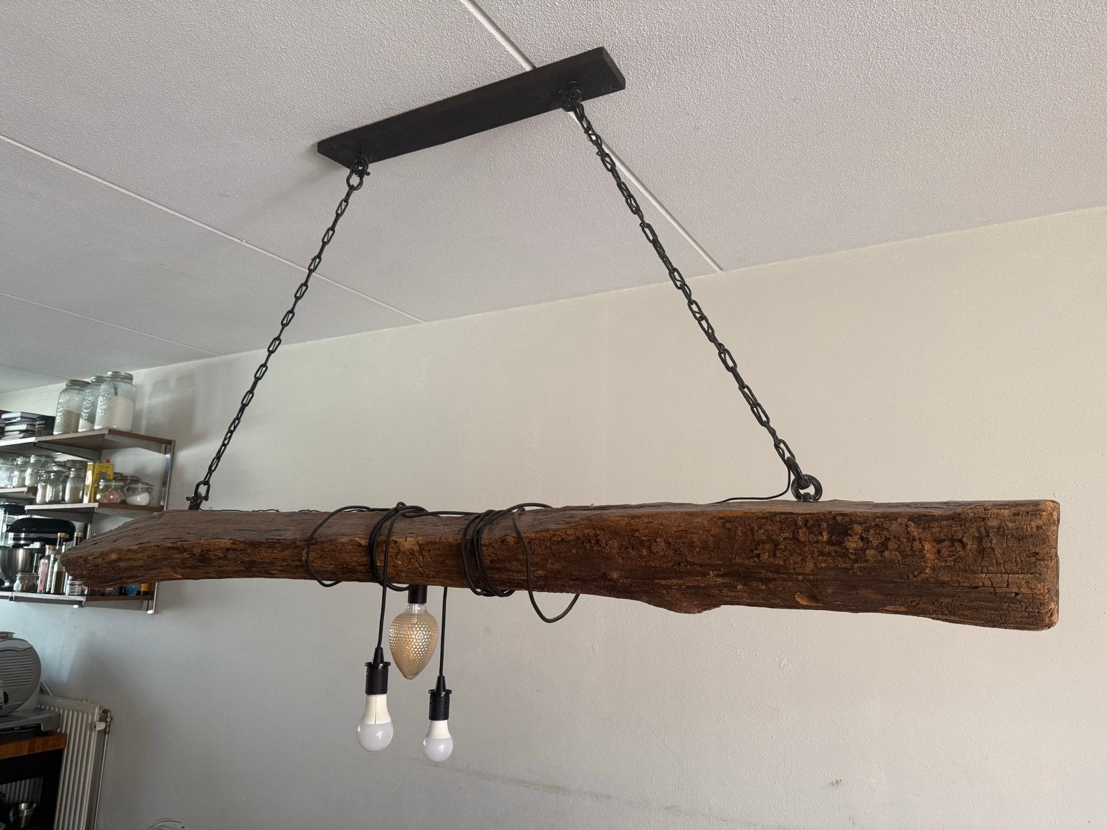 Unieke 2 meter boomstam lamp met kettingophanging, Ophalen, Gebruikt, Hout, E27 (groot)