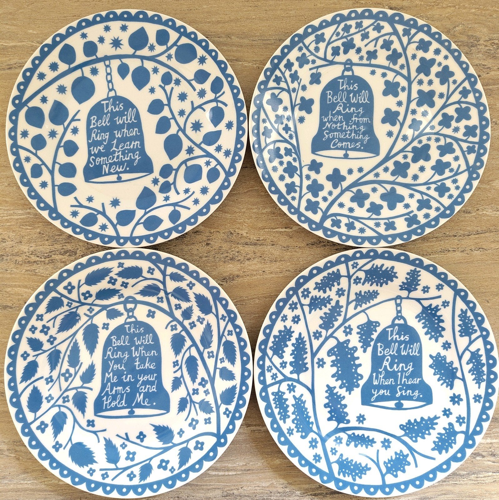Rob Ryan set van 4 bordjes blauw wit, Ophalen of Verzenden, Zo goed als nieuw, Bord(en), Overige stijlen