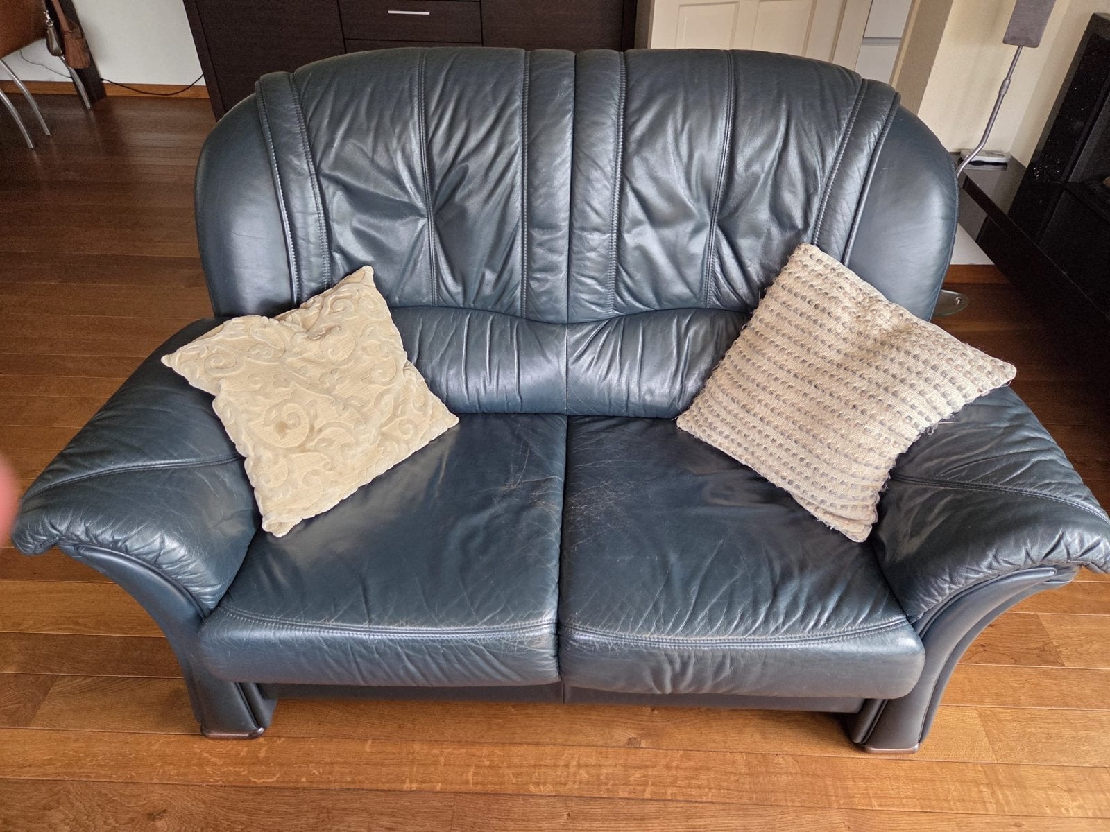 Leren 2-zitsbank en 2 fauteuils, donkerblauw, Ophalen, Gebruikt, 150 tot 200 cm, Tweepersoons