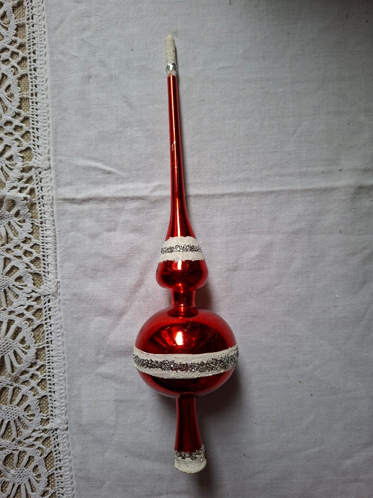 Prachtige Vintage Glazen Kerstpiek – Rood met Zilveren Glitt, Ophalen of Verzenden, Gebruikt