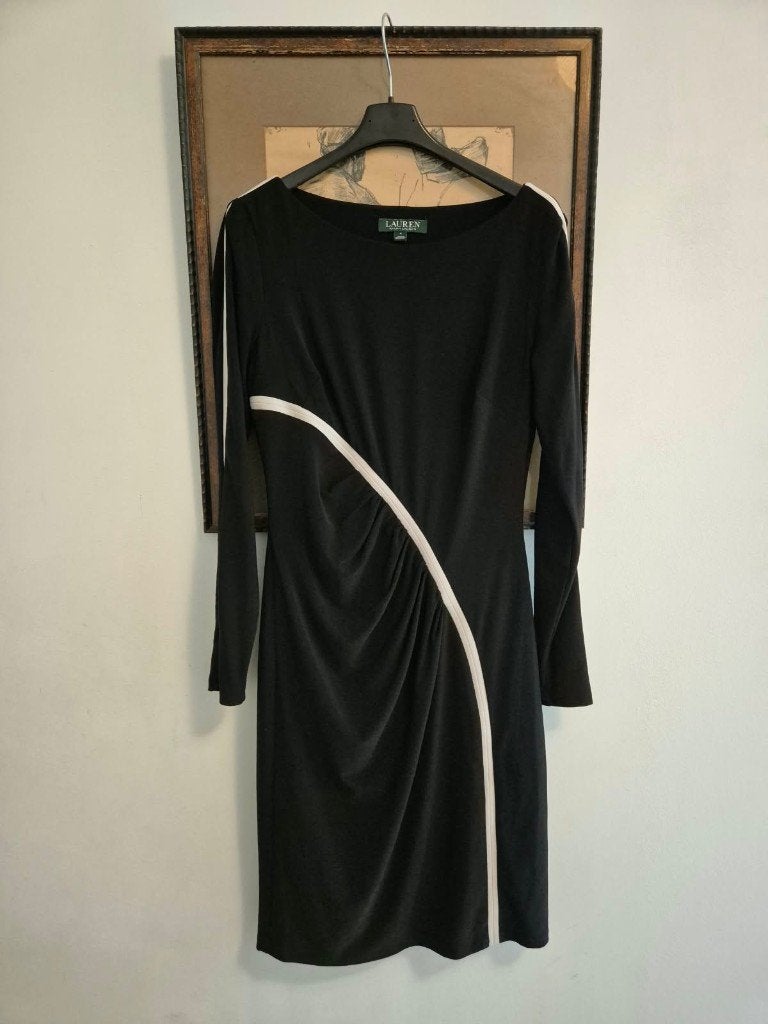 Ralph Lauren Jurk | Zwart met Witte Streep | Maat 4 / 36, Zwart, Ophalen of Verzenden, Zo goed als nieuw, Knielengte