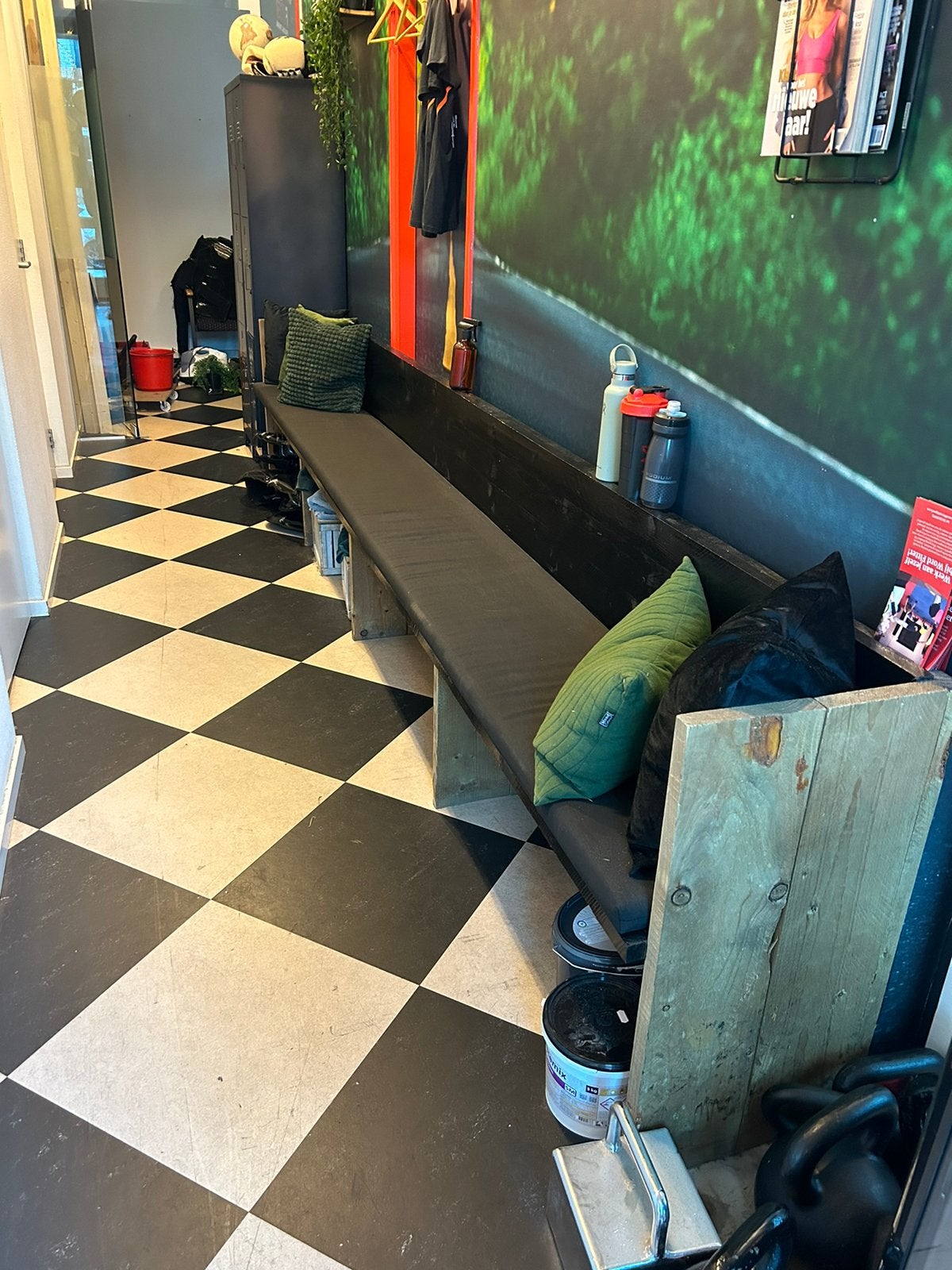 Steigerhouten bank 4 meter met bijbehoorde zitkussen, Tuin en Terras, Ophalen, Zo goed als nieuw, Steigerhout, Bank