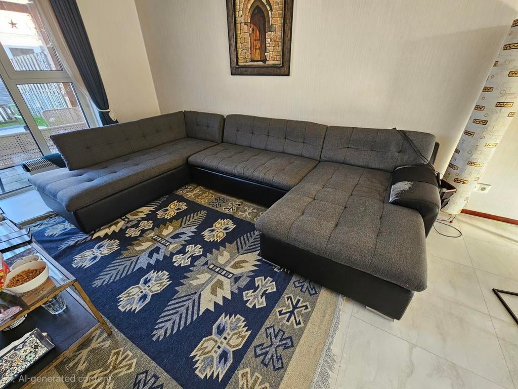 Comfortabele U-Slaapbank / Loungebank - Zwart leer/Grijs, Ophalen, Gebruikt, Tweepersoons, Grijs