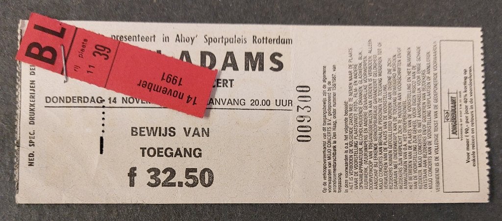 Bryan Adams TICKET CONCERT KAARTJE 1991 Ahoy Rotterdam, Verzamelen, Gebruikt, Bryan Adams, Ophalen of Verzenden, NvT