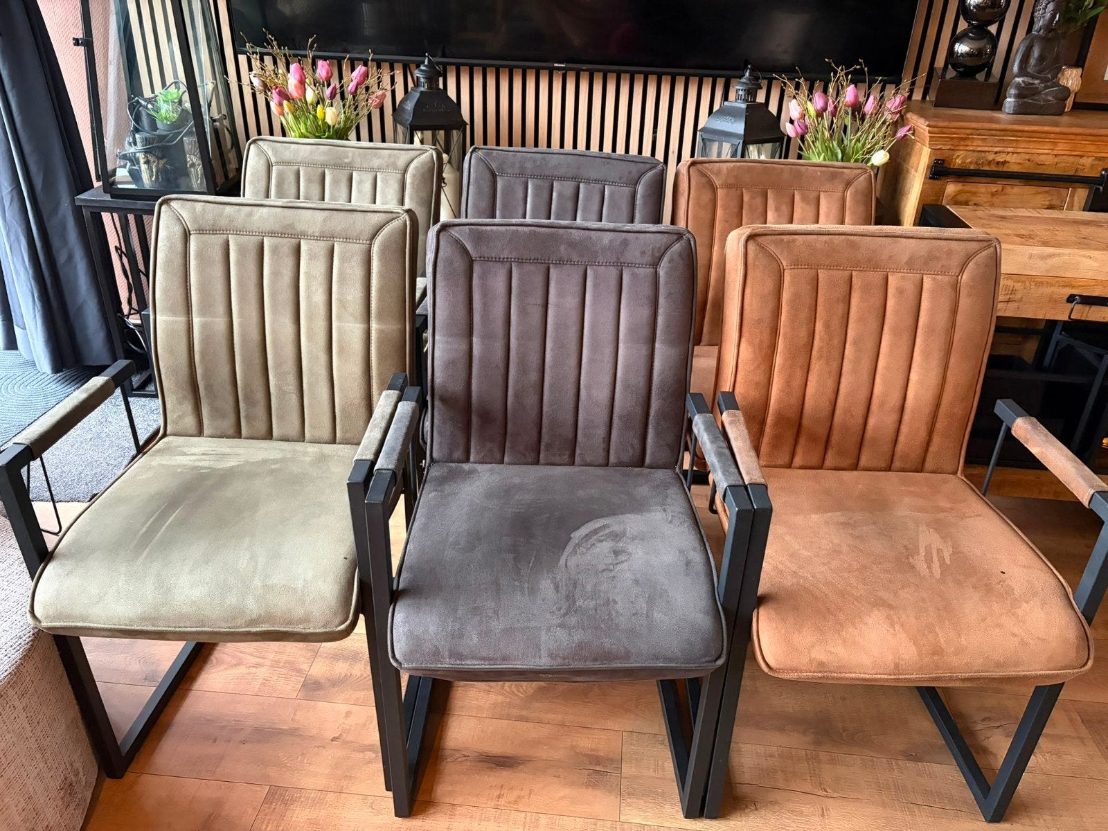 Set van 6 industriële eetkamerstoelen met armleuning, Ophalen, Overige kleuren, Zo goed als nieuw, Stof