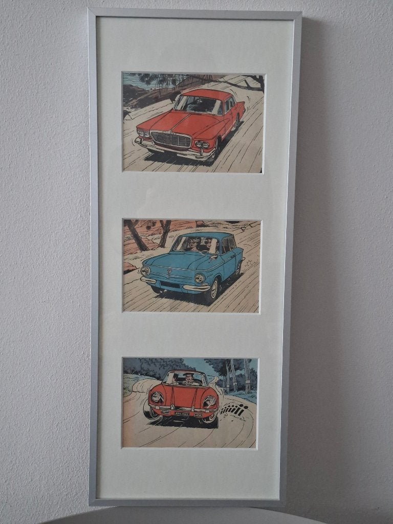 ingelijste vintage prenten tekening auto's jaren 60 Kuifje, 20 cm, Decoratieobject, Ophalen of Verzenden, Zo goed als nieuw
