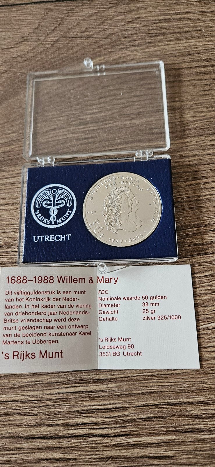 zilveren 50 gulden 1988 Willem en Mary FDC, Koningin Beatrix, Zilver, Ophalen of Verzenden, Losse munt