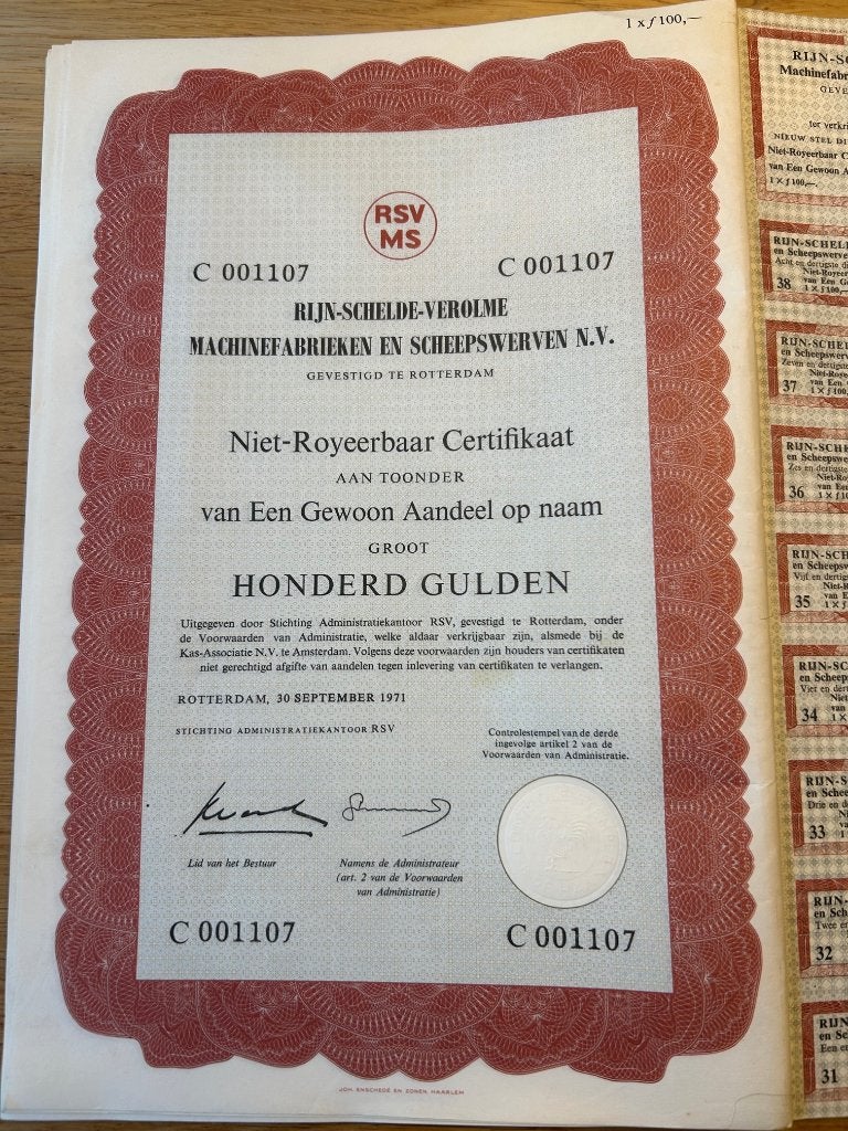 Historisch aandeel van Rijn Schelde Verolme  1971, Ophalen of Verzenden, 1950 tot 1970, Aandeel