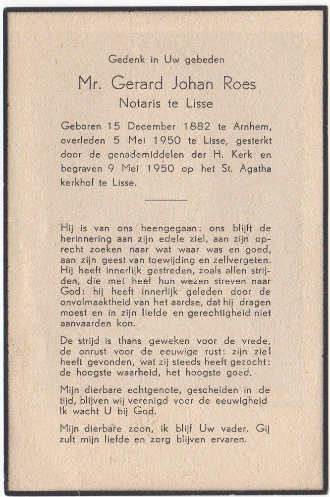 notaris Gerard Johan Roes 1882 Arnhem + 1950 Lisse, 67 jaar, Verzenden
