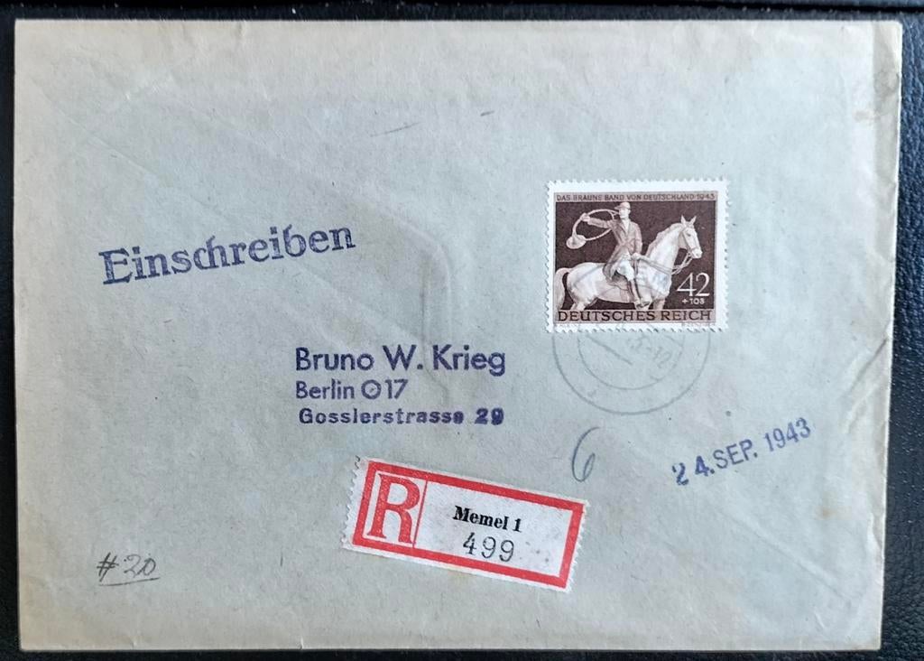 Duitse Rijk Aangetekende Brief uit Memel naar Berlin 1943., Postzegels en Munten, Verzenden, Envelop