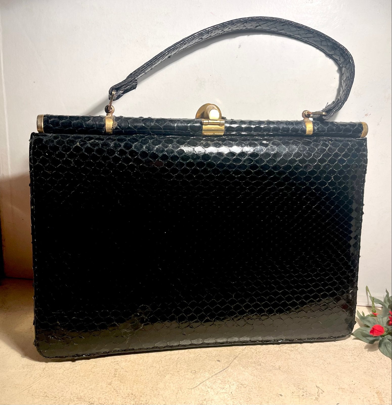 Vintage Zeeslang/Pyton Lederen Handtas - Schoon Interieur, Sieraden, Tassen en Uiterlijk, Verzenden, Zo goed als nieuw, Zwart