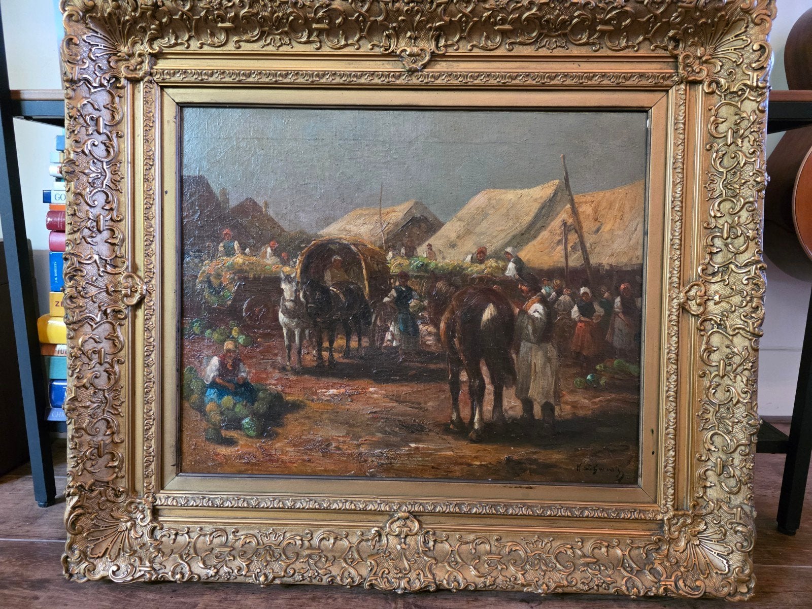 19e eeuws schilderij van marktplaats 51x41 (73x63 met lijst), Ophalen of Verzenden