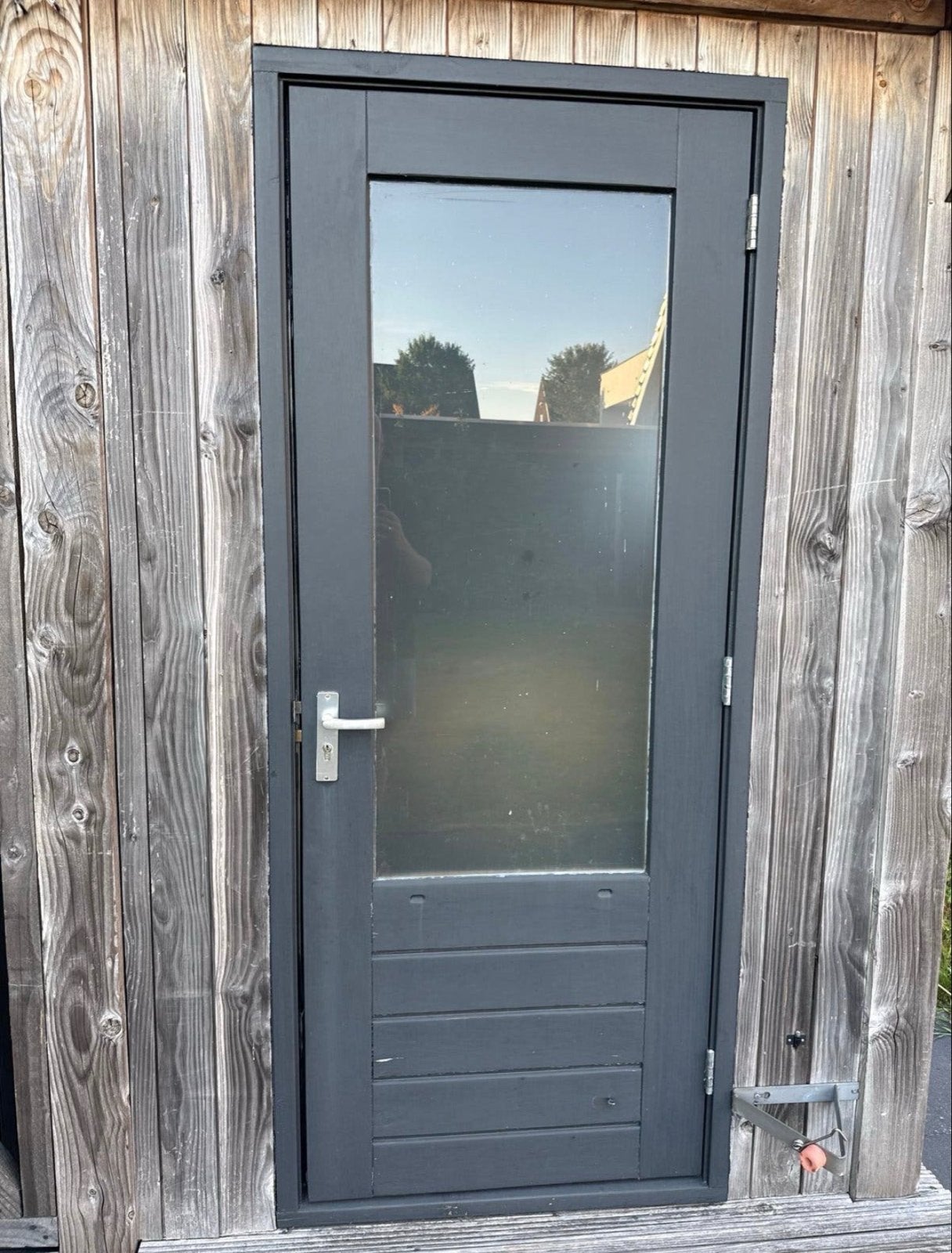 Hardhouten kozijn en buitendeur met matglas, Ophalen, Gebruikt, 80 tot 100 cm, Buitendeur