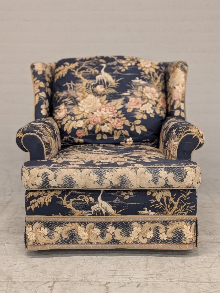 Fauteuil bloemenstof donkerblauw chinoiserie, Ophalen, Gebruikt, N.v.t., N.v.t.