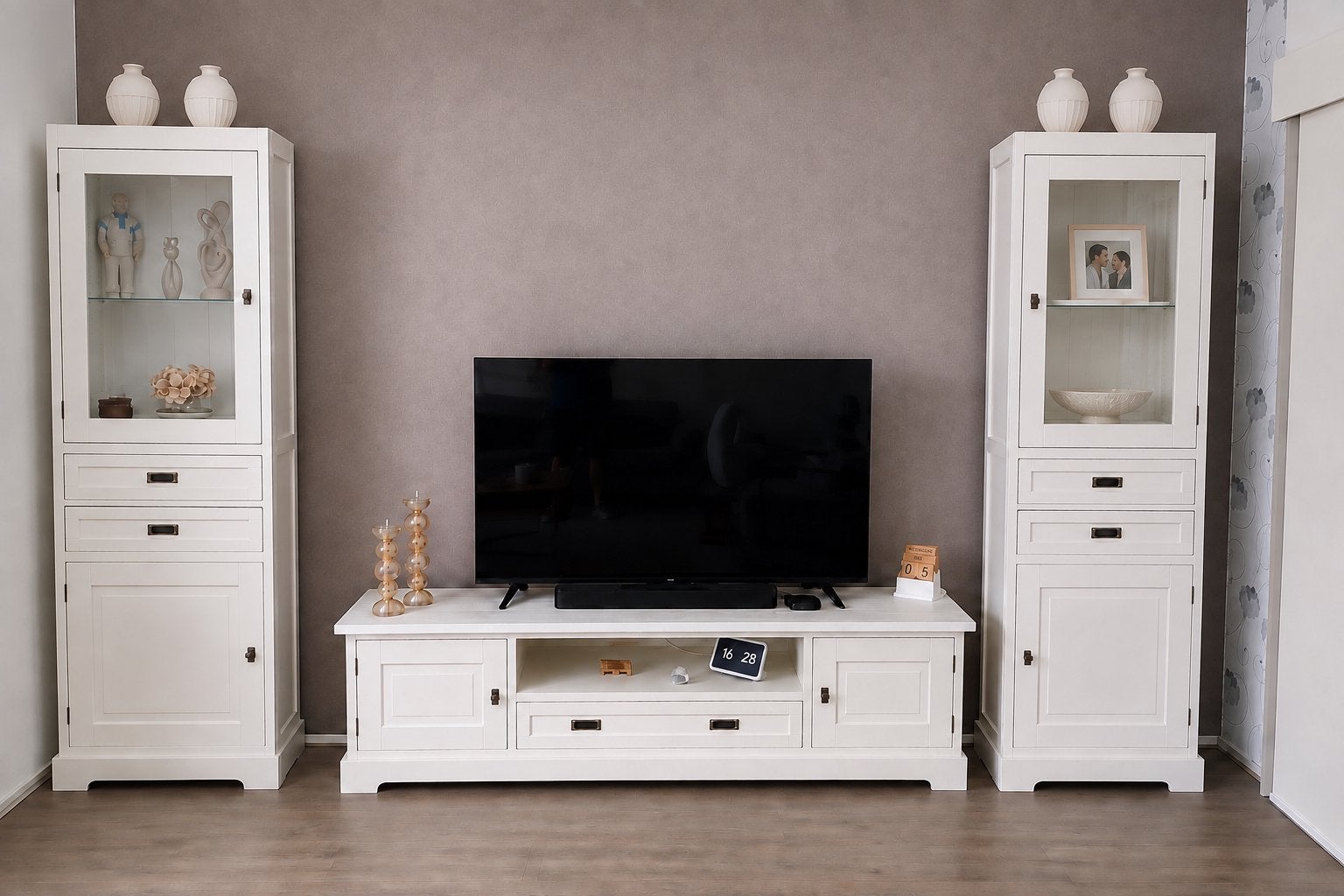 Complete Woonkamerset: 2 Vitrinekasten & TV-meubel, Ophalen, 150 tot 200 cm, 25 tot 50 cm, Landelijk
