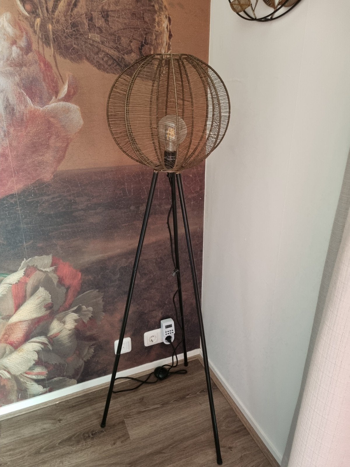 Stijlvolle staande lamp met draadbol - Zwart/Goud, Ophalen, Modern, Industrieel, Sfeervol, E27 (groot), Zo goed als nieuw