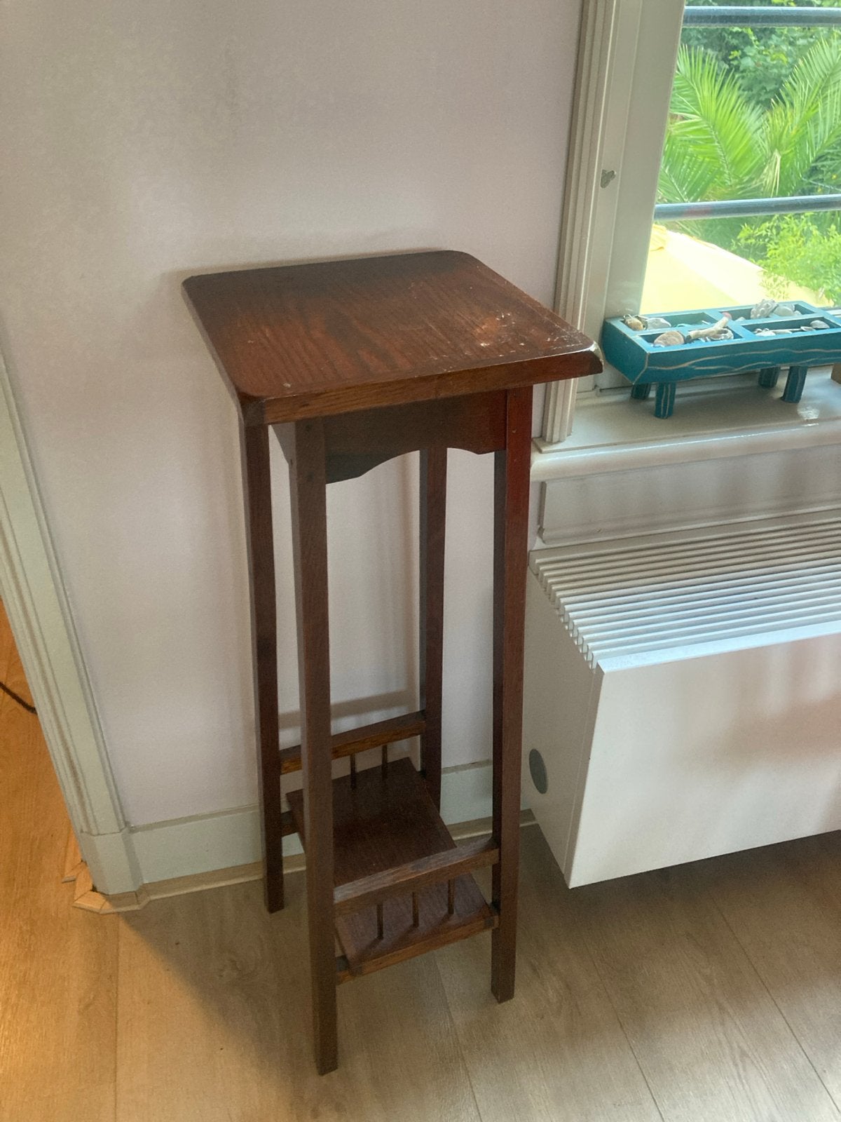 Houten plantenstandaard 83 cm hoog, 25x25 cm blad, Ophalen, Gebruikt, Bruin, Vintage