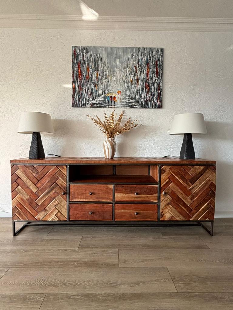 Uniek dressoir met visgraat patroon, Ophalen, Zo goed als nieuw, 200 cm of meer, Met lade(s)