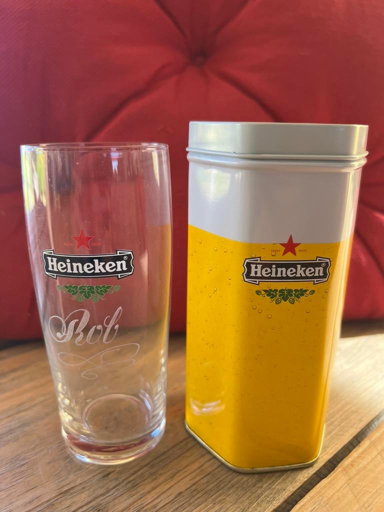 Uniek Vintage Nieuw Heineken Bierglas fluitje met naam “Rob”, Ophalen of Verzenden, Nieuw, Glas of Glazen, Heineken