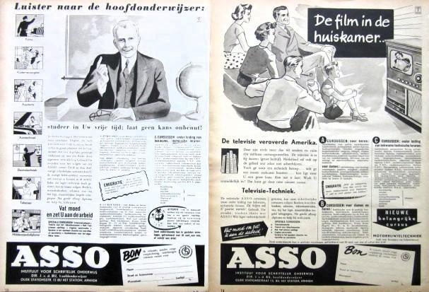 10 vintage advertenties ASSO cursussen 1935-53 opleiding, Ophalen of Verzenden, Zo goed als nieuw, Reclamebord
