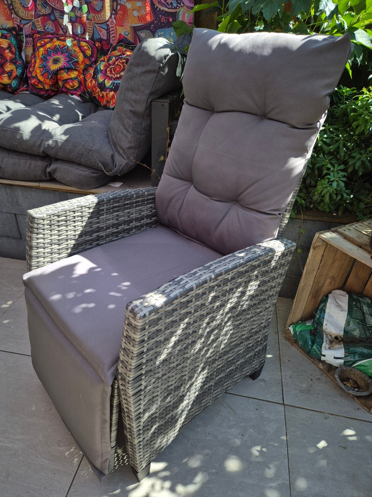4 Verstelbare Wicker Tuinstoelen met Voetensteun - Grijs, Tuin en Terras, Tuinstoelen, Ophalen, Gebruikt, Wicker, Verstelbaar