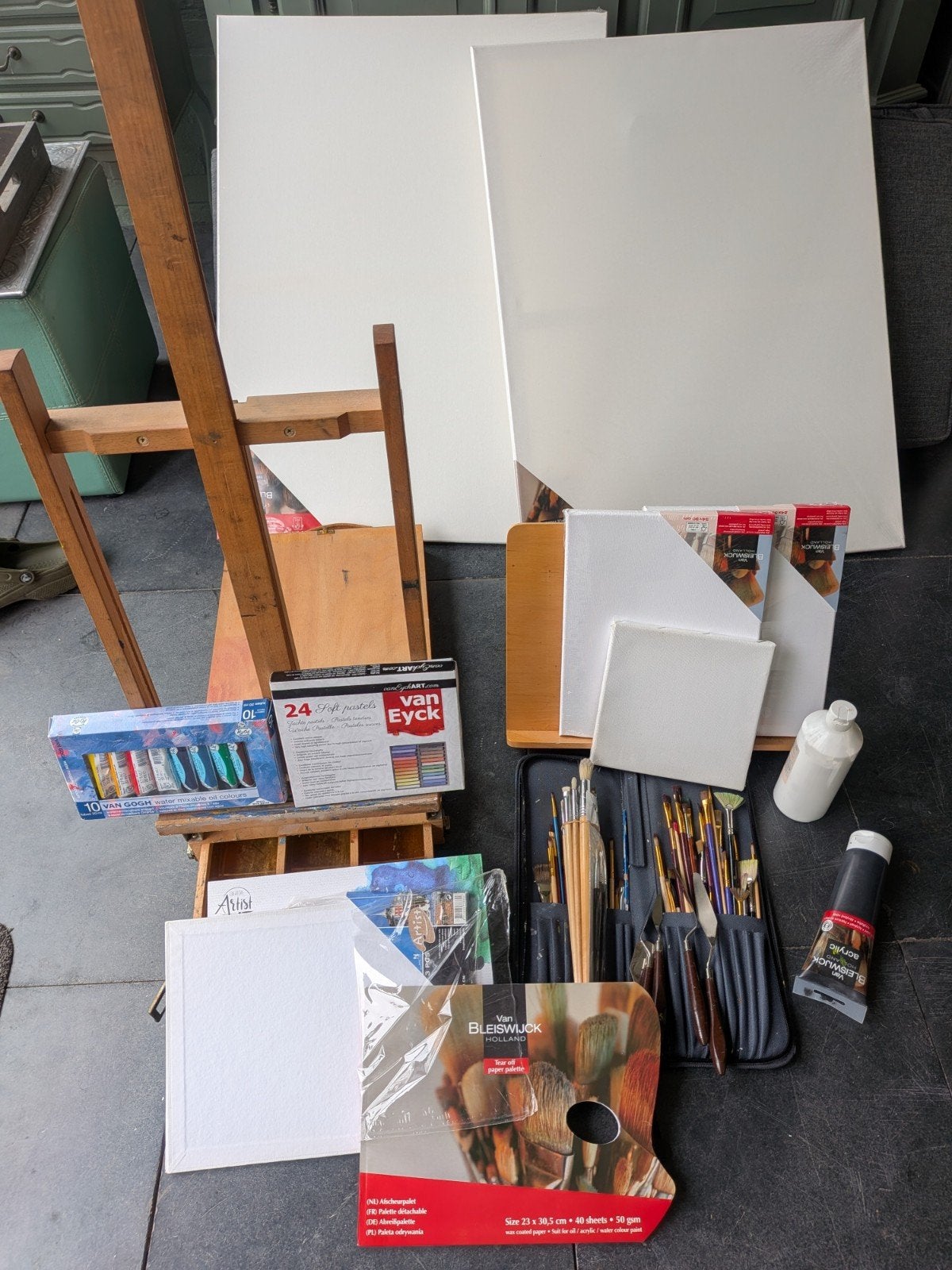 Uitgebreide set schildersspullen: ezel, doeken, verf, kwaste, Ophalen of Verzenden, Gebruikt, Acrylverf
