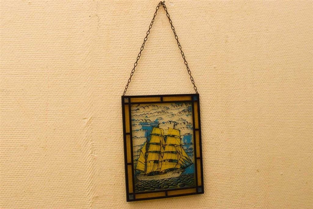 Glas en lood raam met een zeilschip 50206, Ophalen of Verzenden, Gebruikt