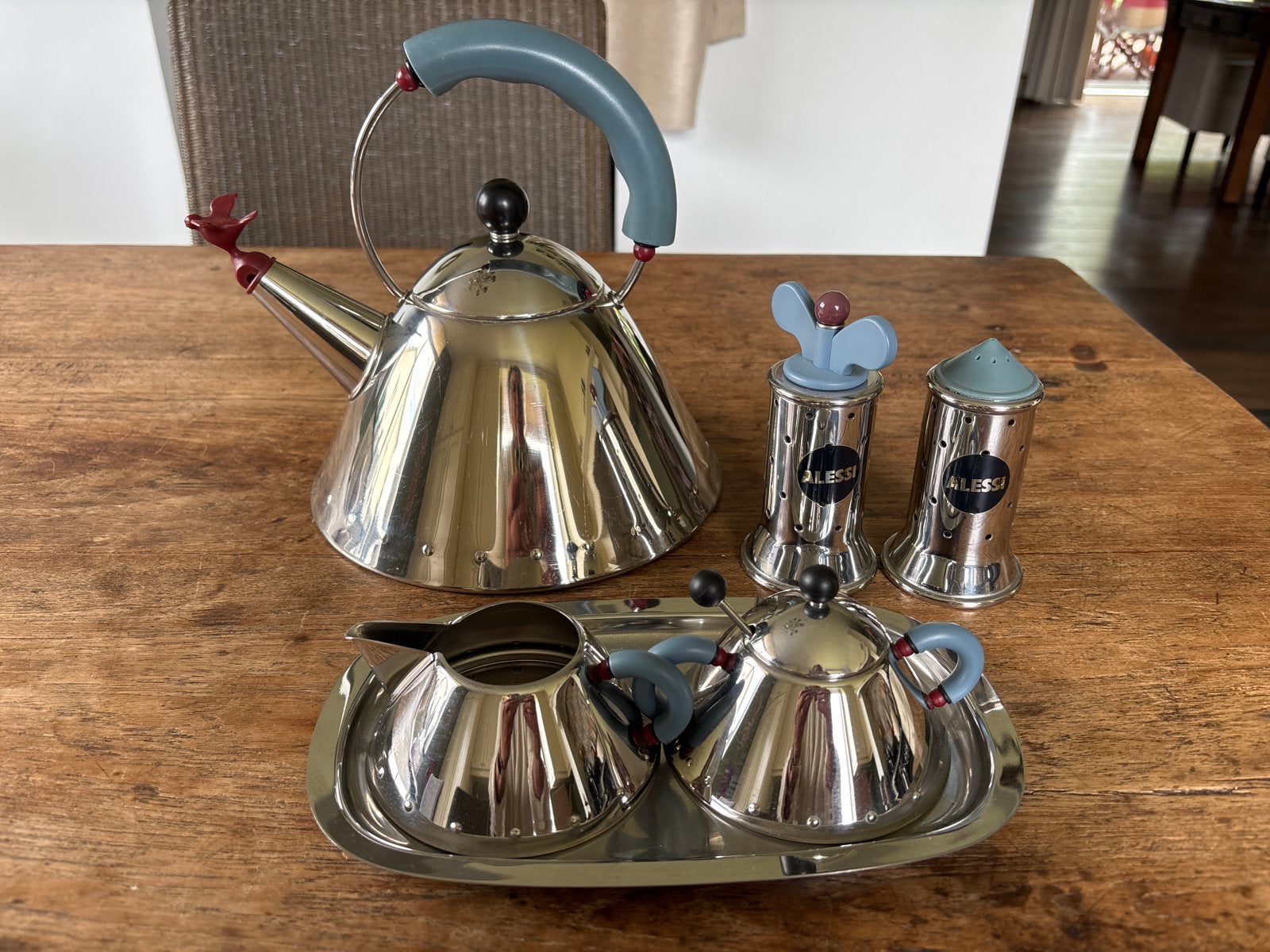 Alessi fluitketel, suiker en melk stel en peper en zout stel, Gebruikt, Meerkleurig, Ophalen, Theepot/fluitketel