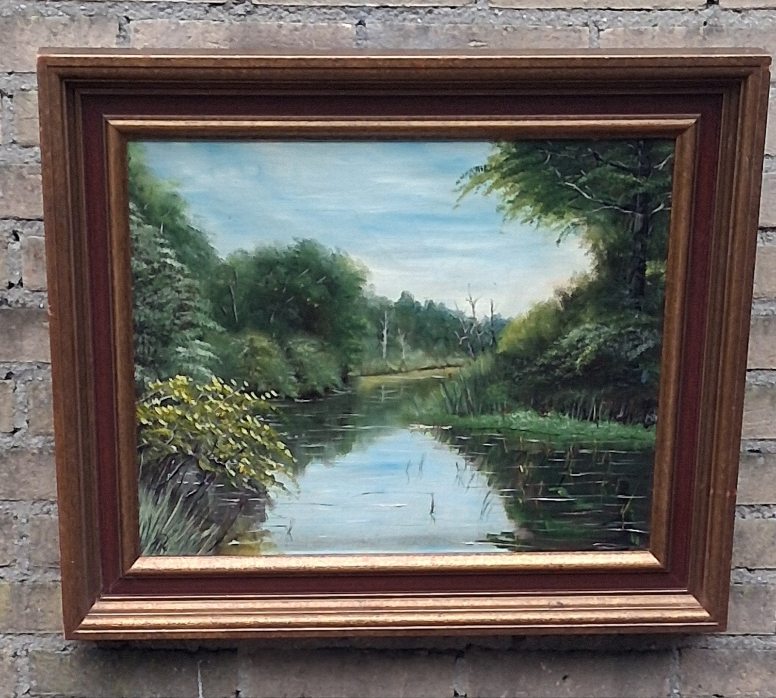 Meander in natuurgebied. Sign. Fotorealistisch. 64/54 cm., Ophalen, Doek, Realistisch, Olieverf