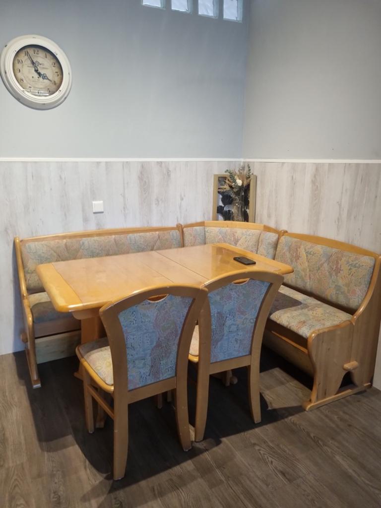 Complete eettafel met hoekbank en bankstoelen, Ophalen, Gebruikt, Landelijk, Klassiek, 4 tot 6 stoelen