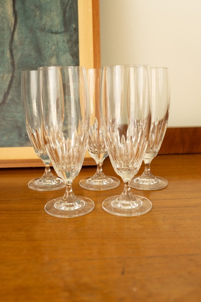 Set van 5 kristallen champagne flutes met geslepen details, Antiek en Kunst, Ophalen of Verzenden