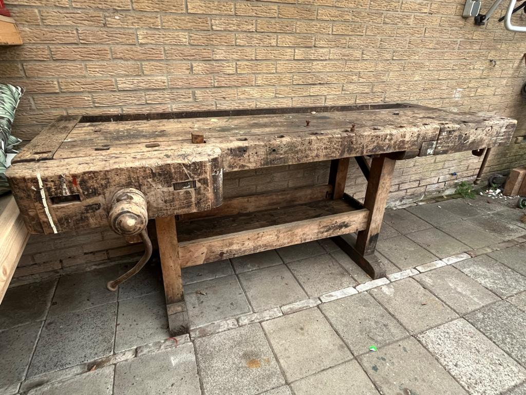 Robuuste antieke werkbank met bankschroef, Ophalen, Gebruikt, 170 cm of meer, Bankschroef