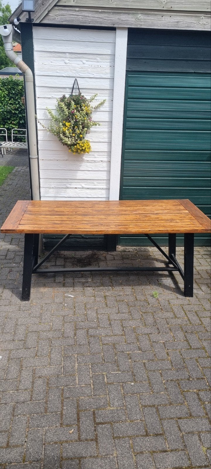 Robuuste houten tuintafel met houten onderstel, Ophalen, Gebruikt, Rechthoekig, Hout