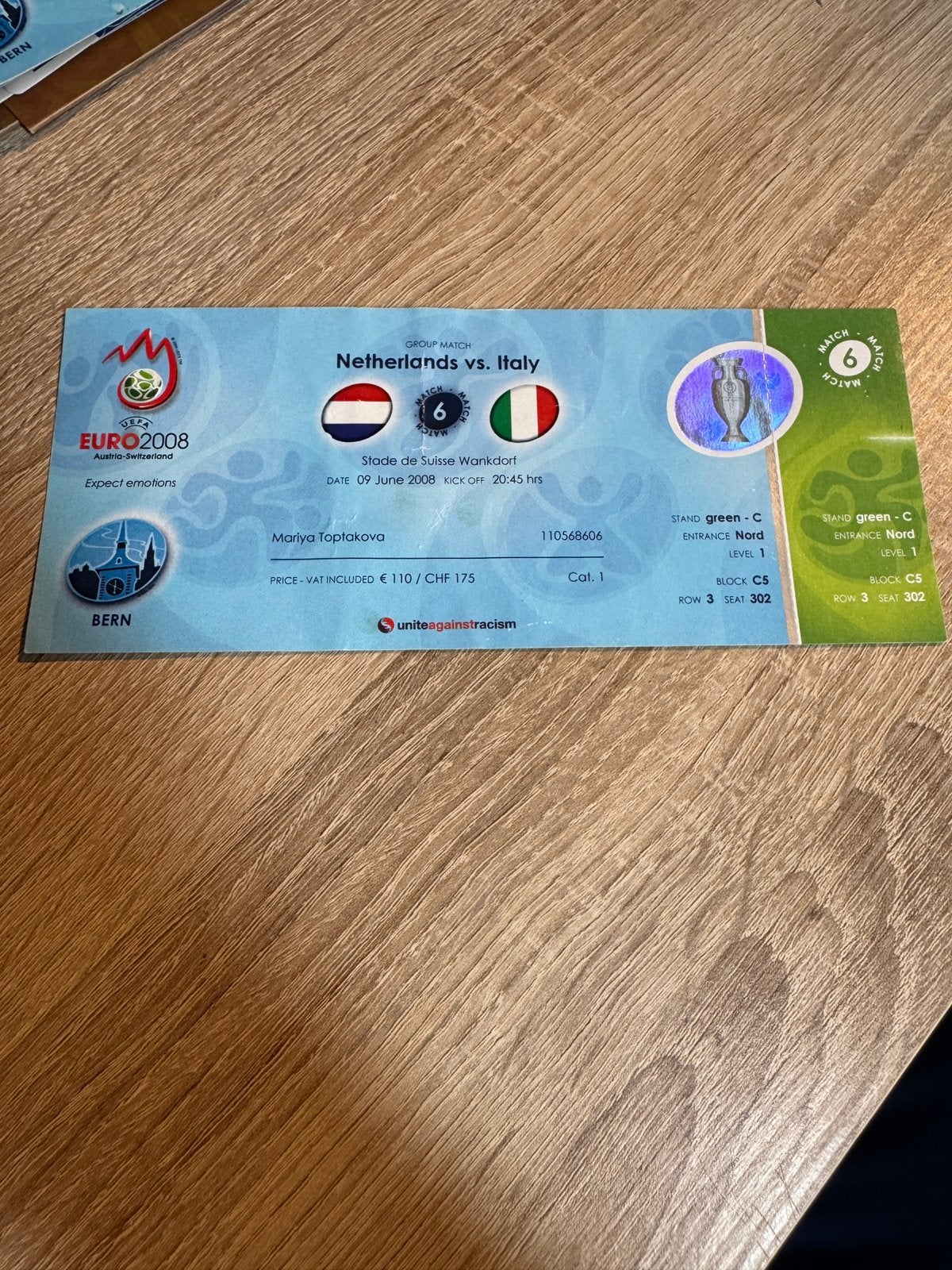 EK2008 Nederland - Italië Ticket, Ophalen of Verzenden, Gebruikt, Overige binnenlandse clubs