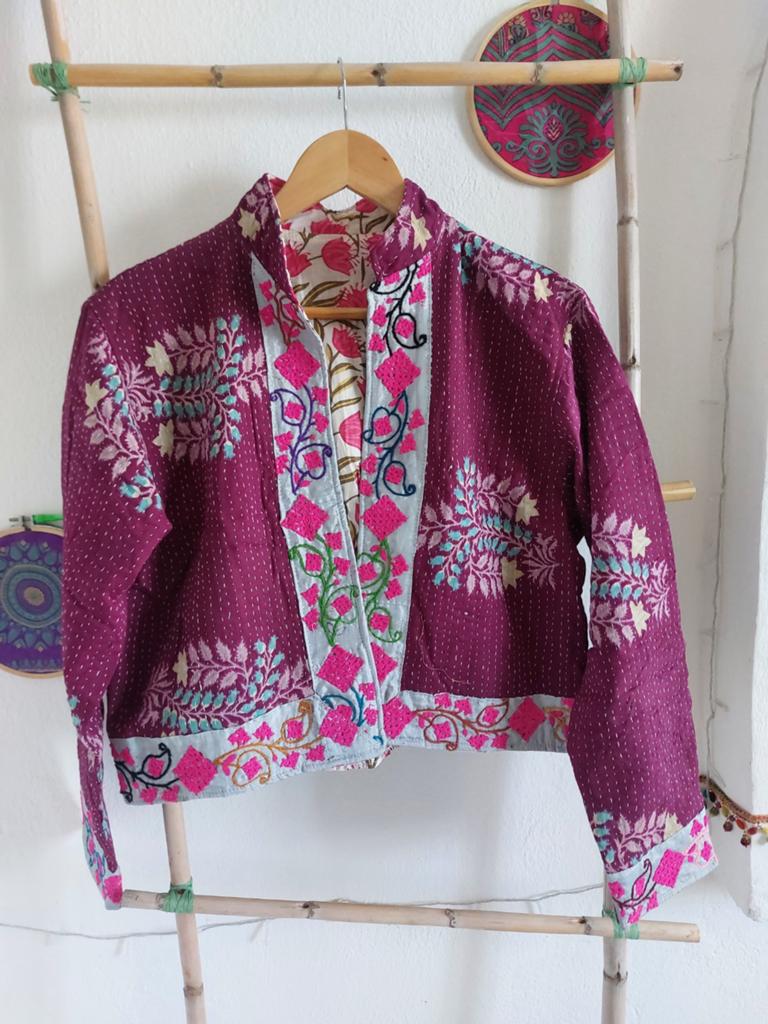 Kantha patchwork jasje, maat M/L, Kleding | Dames, Jasjes, Kostuums en Pakken, Maat 38/40 (M), India, Verzenden, Paars