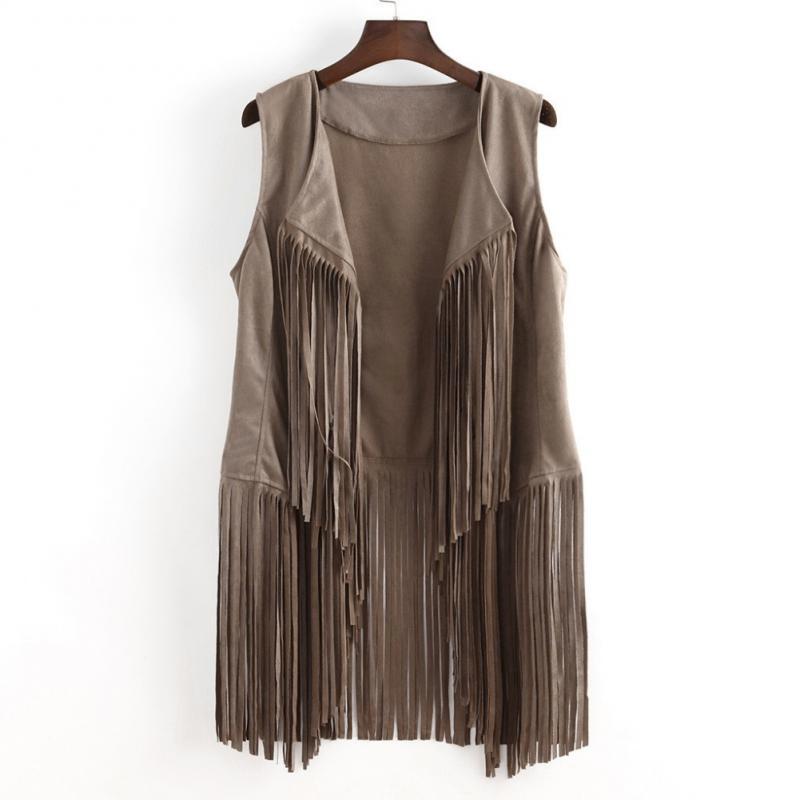 Dames beige mouwloos vest met franjes / cowboy cowgirl motor, Verzenden, Nieuw, Maat 38/40 (M), Beige