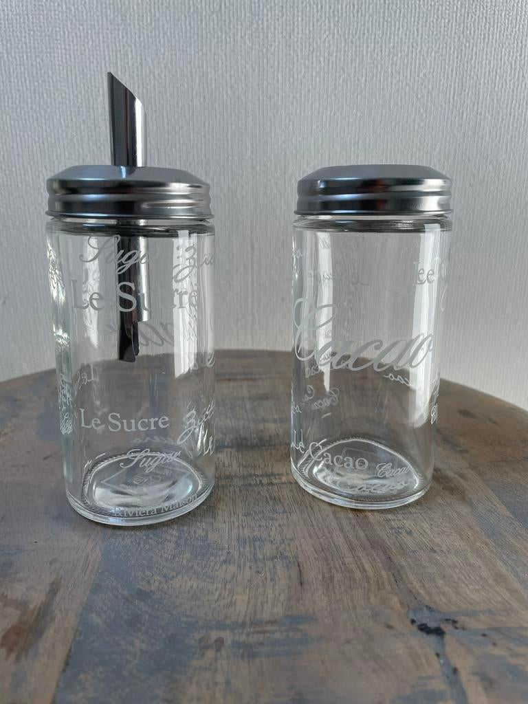 Riviera Maison suiker/ cacao potjes, Huis en Inrichting, Ophalen of Verzenden, Zo goed als nieuw, Glas, Pot, Bus of Blik